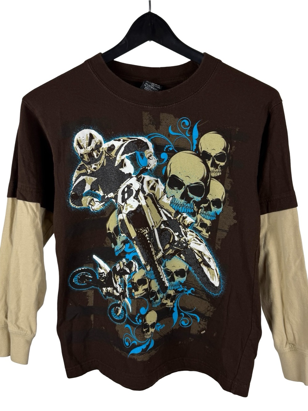 Mens Y2K GWP Motocross Skull Double Layered Grunge Brown Shirt Size XS